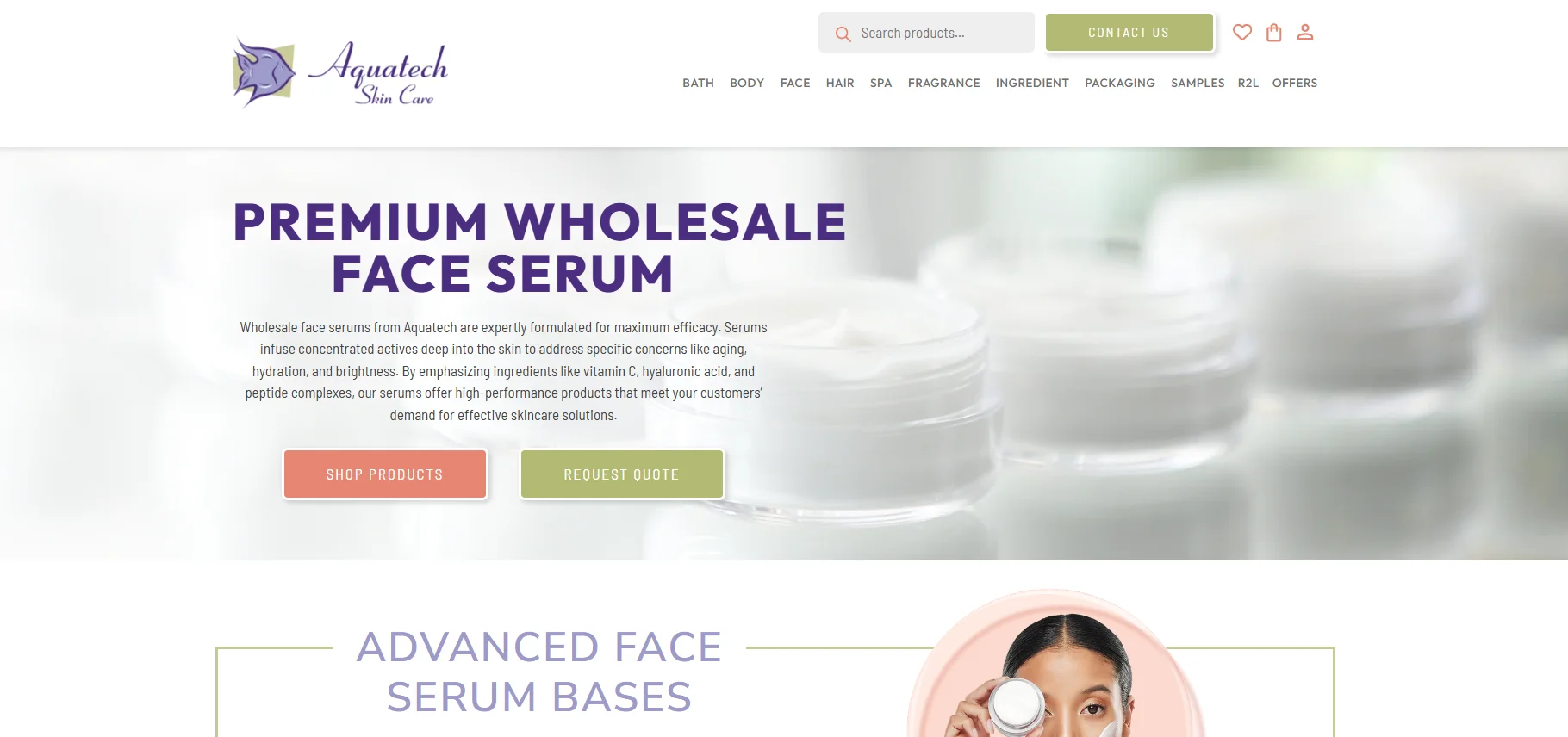 Header image of a website showcasing premium wholesale face serum from Aquatech Skin Care with product description, call-to-action buttons, and a partially visible cosmetic jar in the background.